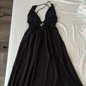 Commense Black Backless Criss Cross Split Midi dress.
